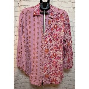 Knox Rose Womens XXL Purple Mixed Floral Print Rayon Linen Button Down Shirt
